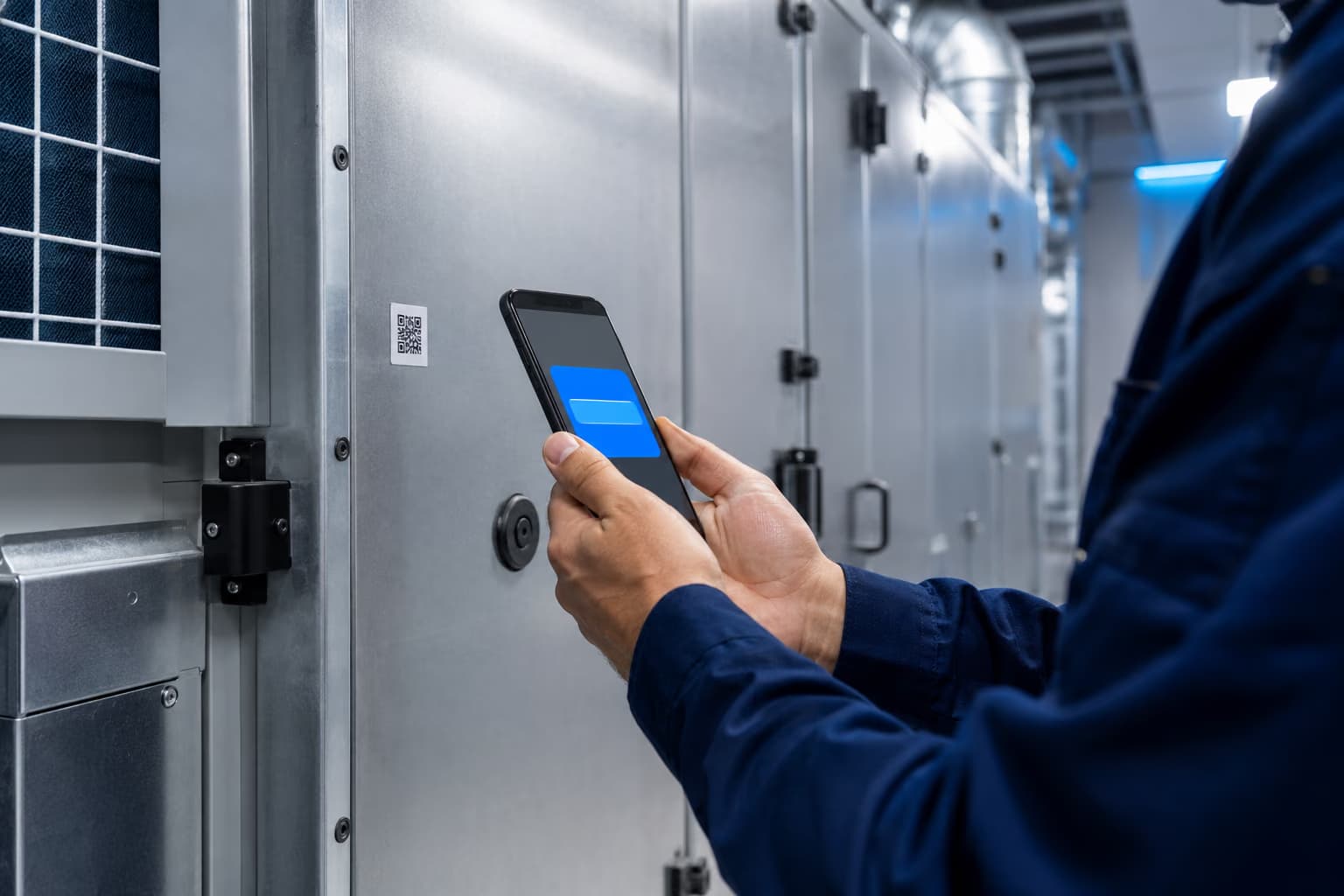 Техник сканирует QR/NFC-метку на оборудовании